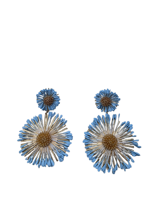 Pendientes Flor Latón Rafia Azul