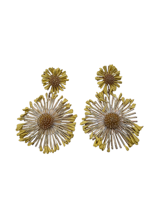 Pendientes Flor Latón Rafia Amarilla