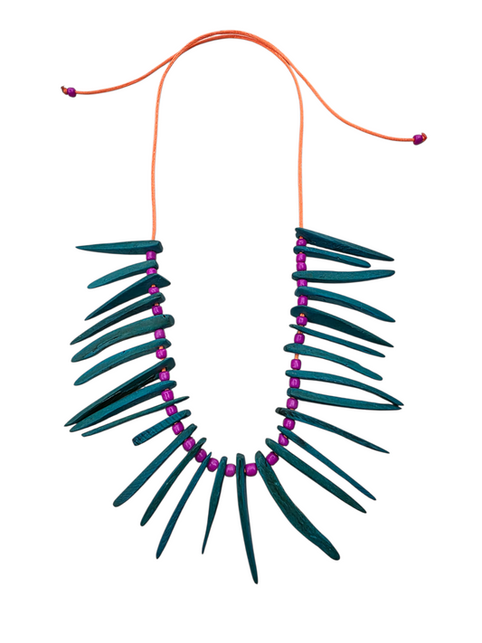 Collar Madera Teal Rocalla Fucsia