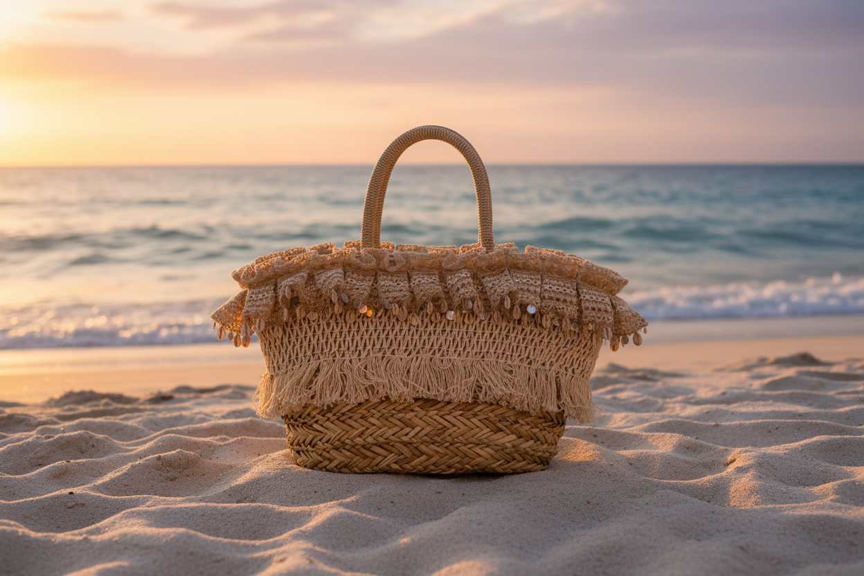Bolso Esparto Conchas Boho en la playa