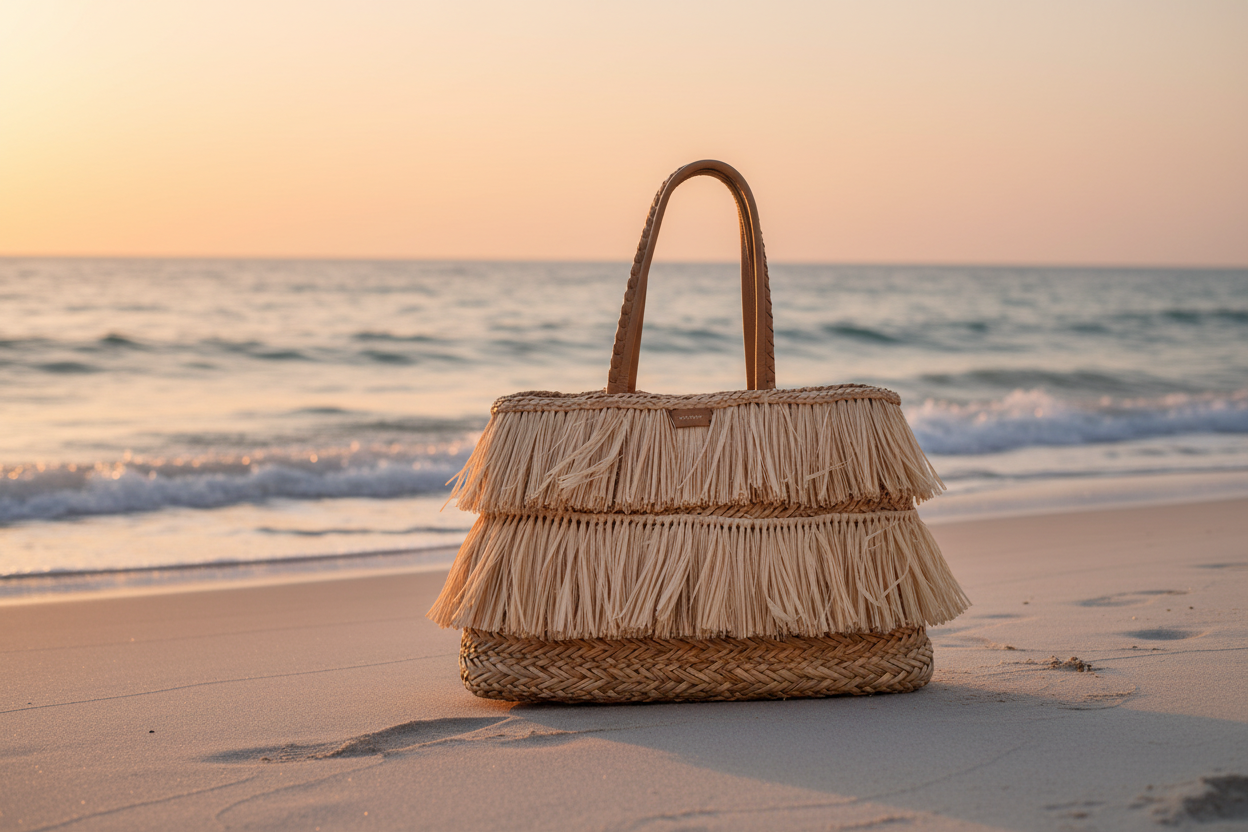 Bolso Rafia Flecos Natural en la playa