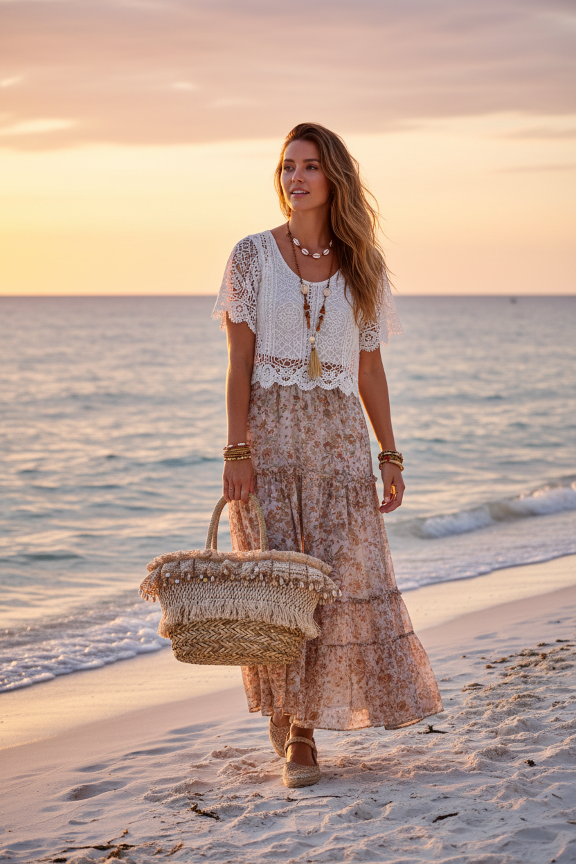 Modelo con Bolso Esparto Conchas Boho