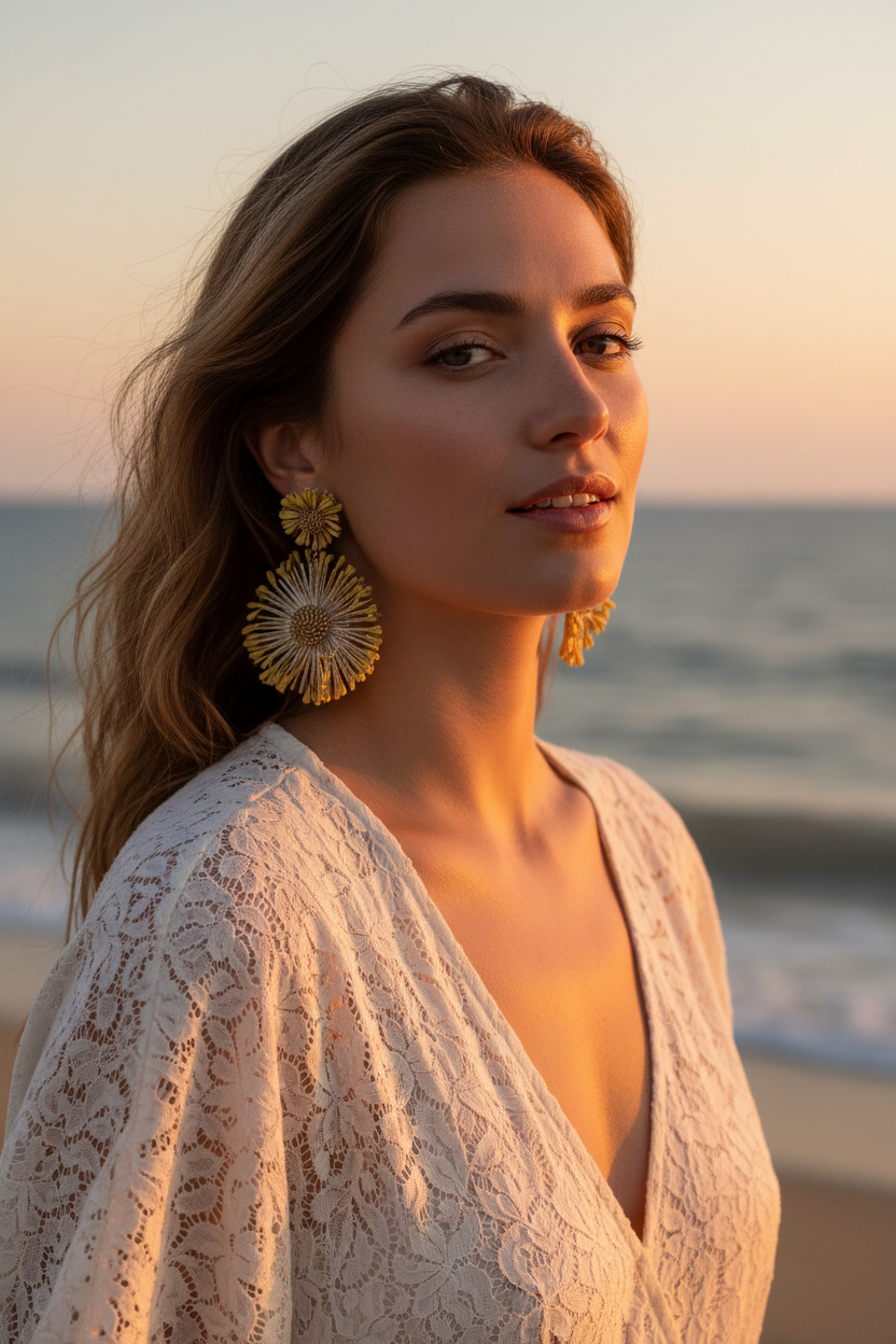 Modelo con Pendientes Flor Latón Rafia Amarilla