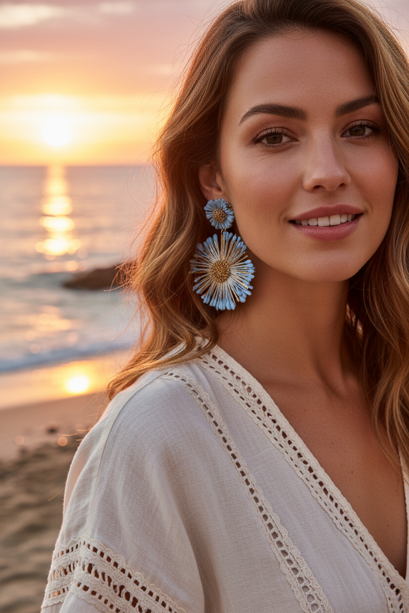 Modelo con Pendientes Flor Rafia Azul tamaño real