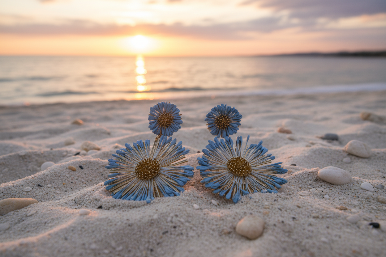 Pendientes Flor Latón Rafia Azul en la playa